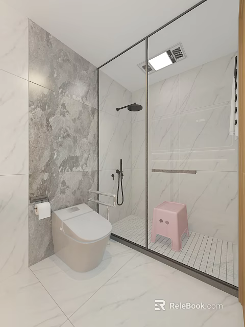 Modern Other Bathroom Interior With Marble Tile Walls Glass Shower Smart Toilet And Pink Stool 3d model 