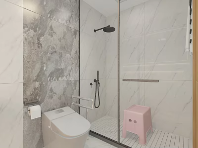 Modern Other Bathroom Interior With Marble Tile Walls Glass Shower Smart Toilet And Pink Stool 3d model