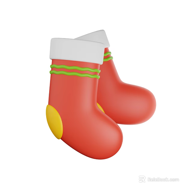 Decorative Ornament Set Red Christmas Stockings with White Cuffs Green Stripes and Yellow Bottoms 3d model 
