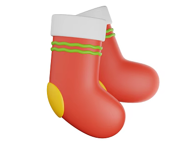 Decorative Ornament Set Red Christmas Stockings with White Cuffs Green Stripes and Yellow Bottoms 3d model