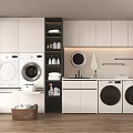 Modern Laundry Room Design With Double Washing Machines Storage Cabinets And Laundry Supplies