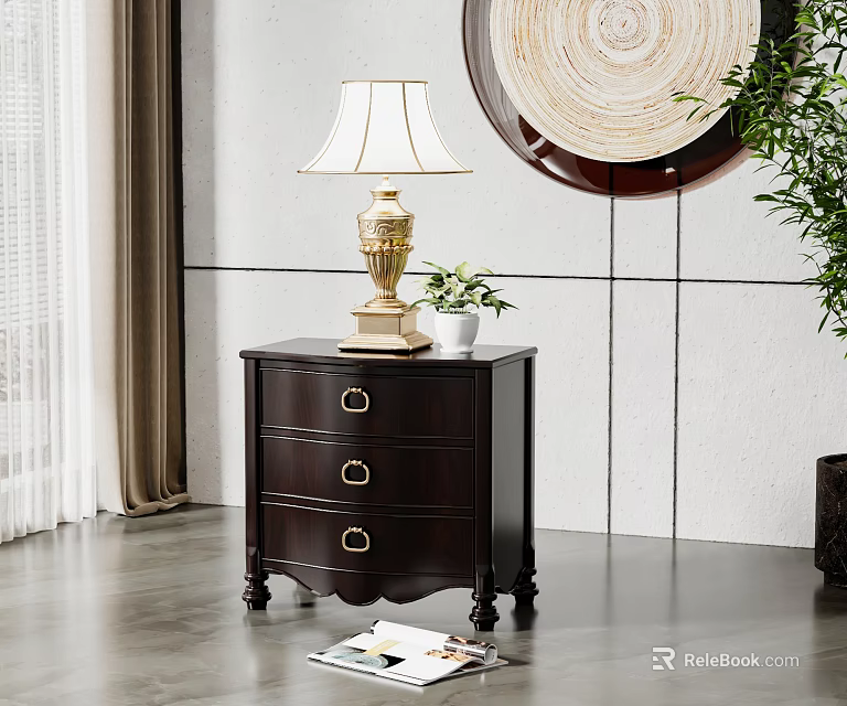 Classic Wooden Nightstand With Three Drawers Gold Lamp Small Plant And Round Wall Decor 3d model 