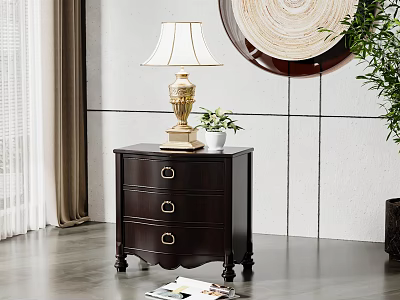 Classic Wooden Nightstand With Three Drawers Gold Lamp Small Plant And Round Wall Decor 3d model