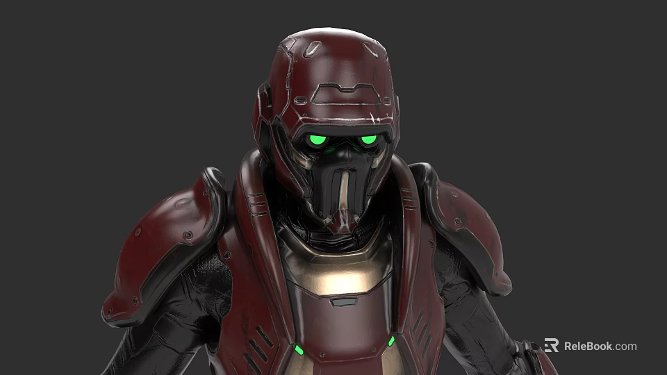 Game Movie Character In Red Armor With Green Glowing Eyes Sci Fi Warrior 3d model 