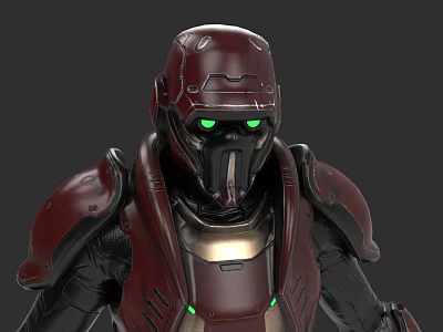 Game Movie Character In Red Armor With Green Glowing Eyes Sci Fi Warrior 3d model