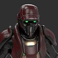 Game Movie Character In Red Armor With Green Glowing Eyes Sci Fi Warrior