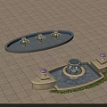 Garden Ornaments With Oval Pool Three Small Fountains Tiered Fountain Flower Pots And Greenery