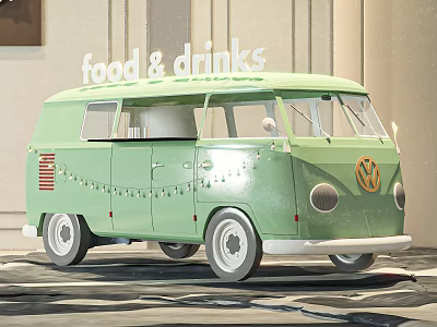 Green Vintage Volkswagen Van With Food And Drinks Sign And Decorative Lights 3d model