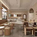 Cozy Dessert Shop Interior With Wooden Benches Round Tables And Copper Pendant Lights