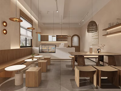 Cozy Dessert Shop Interior With Wooden Benches Round Tables And Copper Pendant Lights 3d model