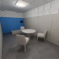 Minimalist Lounge Area Interior With White Table Chairs Blue Wall And Perforated Panels