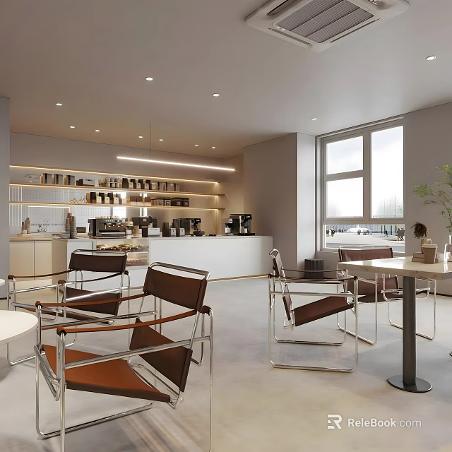 Modern Café Interior With Leather Chairs Metal Frame Tables Coffee Machines And Large Windows 3d model 