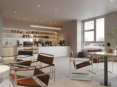 Modern Café Interior With Leather Chairs Metal Frame Tables Coffee Machines And Large Windows 3d model