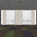 Spacious Yoga Fitness Studio With Colorful Mats Wooden Floor Barre Large Windows And Curtains
