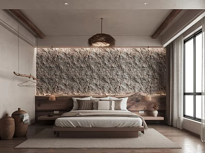 Bedroom Interior Design With Stone Textured Accent Wall Wooden Nightstands And Pendant Lamp 3d model