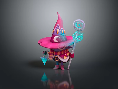 Fantasy Game Wizard Character with Pink Pointed Hat Glowing Blue Magic Staff Colorful Scarf and Crystal Pendant 3d model
