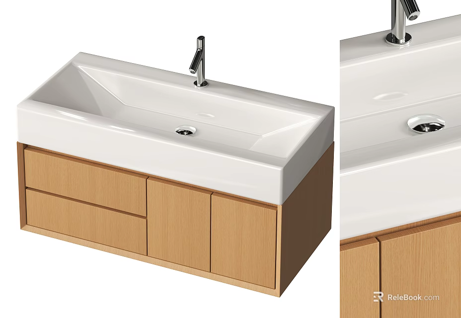 Modern Wooden Bathroom Vanity Cabinet with White Sink Basin Faucet and Storage Drawers 3d model 