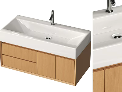 Modern Wooden Bathroom Vanity Cabinet with White Sink Basin Faucet and Storage Drawers 3d model