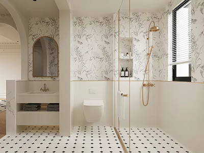 Modern Bathroom Interior With Floral Wallpaper Mirror Sink Toilet And Black White Tiled Floor 3d model