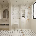 Modern Bathroom Interior With Floral Wallpaper Mirror Sink Toilet And Black White Tiled Floor