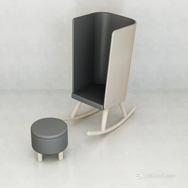 Modern Gray And Beige Leisure Chair With Wooden Frame Upholstered Seat And Small Ottoman 3d model 