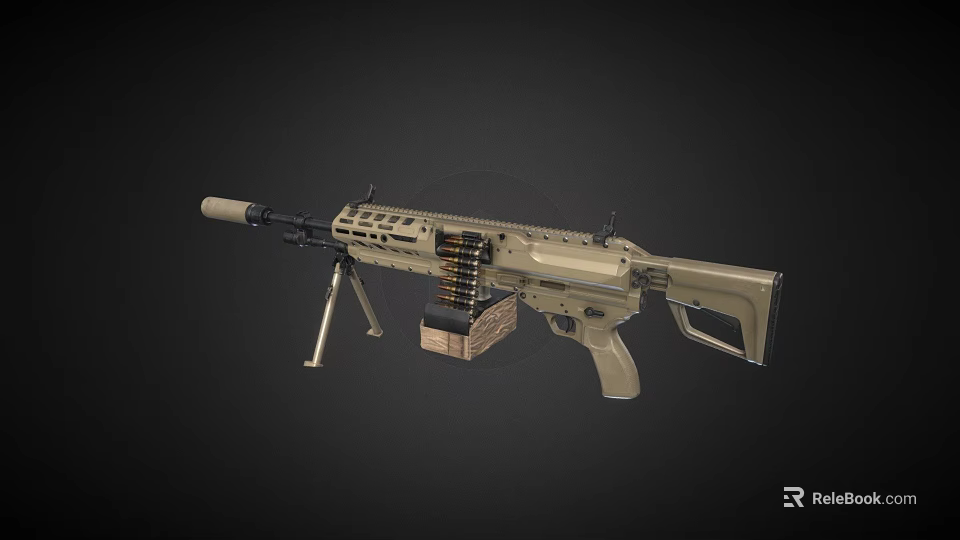 Modern Military Machine Gun with Sand Colored Body Tripod Stand and Ammunition Belt 3d model 