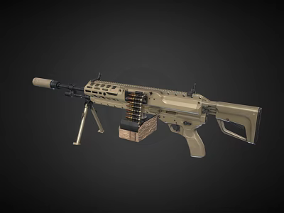 Modern Military Machine Gun with Sand Colored Body Tripod Stand and Ammunition Belt 3d model