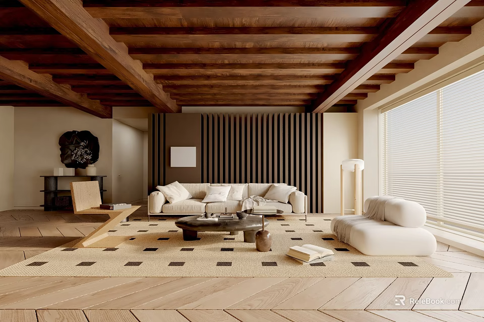 Modern Living Room With Wooden Ceiling Beams Vertical Slat Wall Light Sofa And Geometric Rug 3d model 