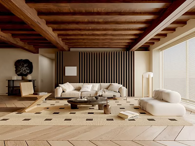 Modern Living Room With Wooden Ceiling Beams Vertical Slat Wall Light Sofa And Geometric Rug 3d model
