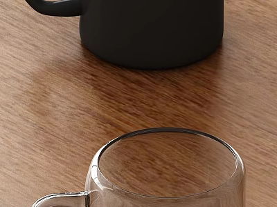 Black Ceramic Mug And Clear Glass Cup On Wooden Table 3d model