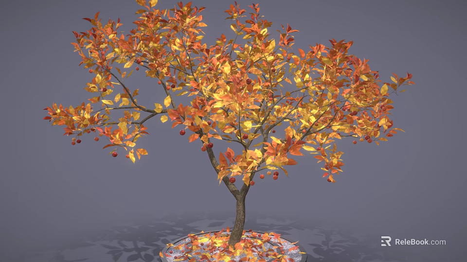 Autumn Tree Featuring Orange Yellow Leaves Red Fruits and Fallen Leaves on Gray Background 3d model 