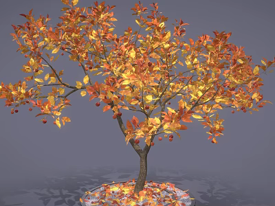Autumn Tree Featuring Orange Yellow Leaves Red Fruits and Fallen Leaves on Gray Background 3d model