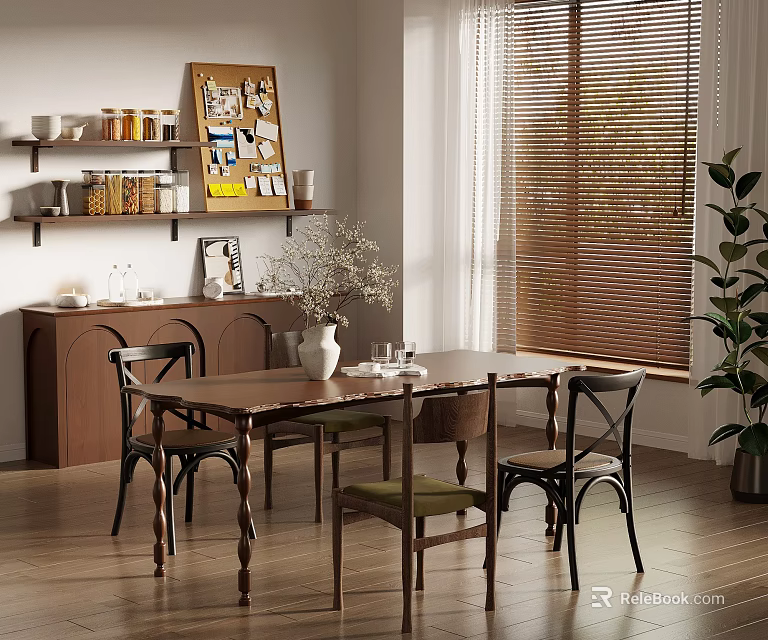 Warm Dining Space Featuring Wooden Table Chairs Shelves Window Blinds And Potted Plant 3d model 