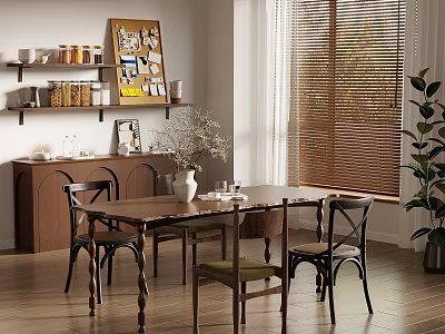 Warm Dining Space Featuring Wooden Table Chairs Shelves Window Blinds And Potted Plant 3d model
