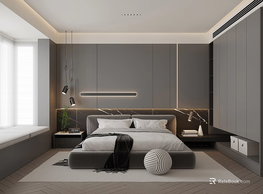 Modern Bedroom Interior Design Featuring Gray Bed LED Strip Nightstand Table Lamp And Green Plant 3d model 