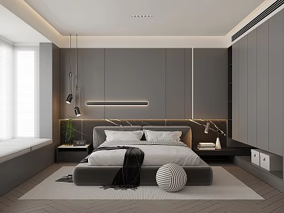 Modern Bedroom Interior Design Featuring Gray Bed LED Strip Nightstand Table Lamp And Green Plant 3d model
