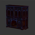 Dark Brown Wooden Cabinet With Intricate Carved Details And Open Lower Shelf