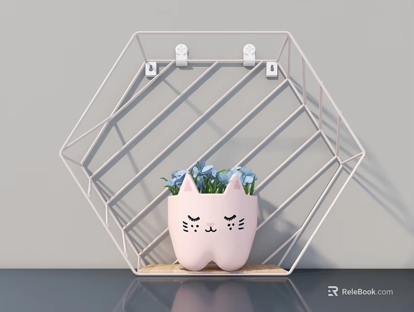 Pink Cat Face Shaped Bonsai Potted Plant With Hexagonal Metal Rack Blue Flowers Grey Wall 3d model 
