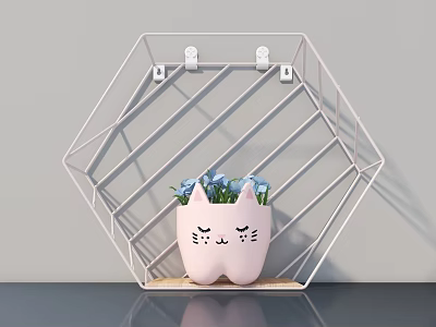 Pink Cat Face Shaped Bonsai Potted Plant With Hexagonal Metal Rack Blue Flowers Grey Wall 3d model