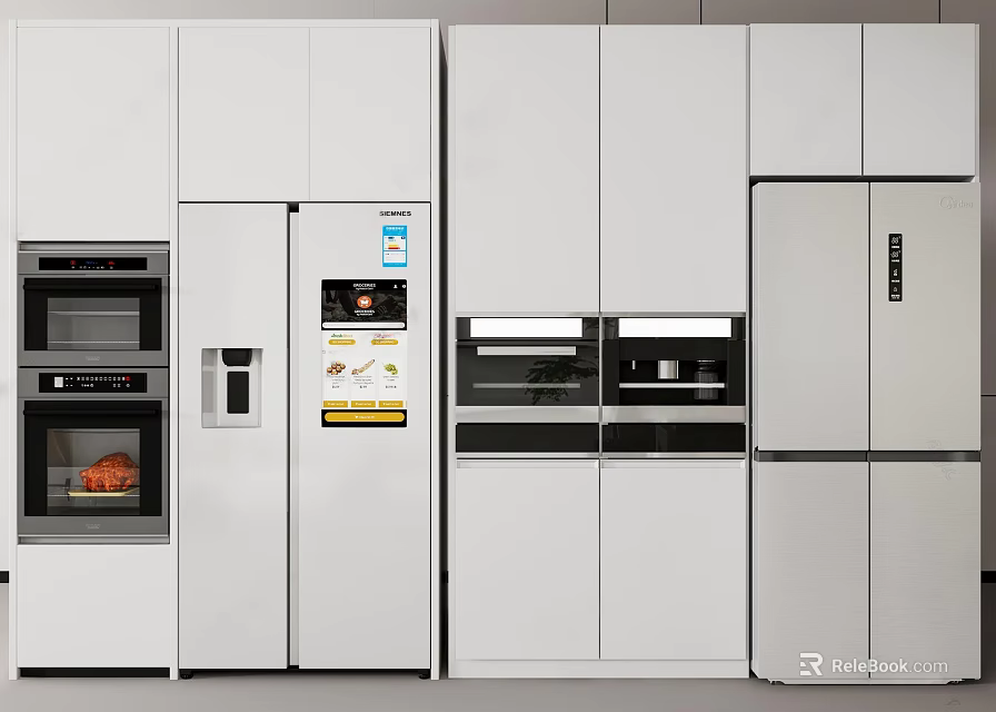 Modern Kitchen Interior With Built-in Refrigerators Freezers And White Cabinets 3d model 
