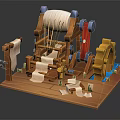 Medieval Wooden Weaving Machine With Scrolls Gears And Water Flow Components 3d model