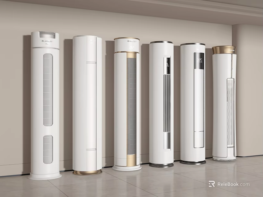 Several Modern White Tower Air Conditioner Fans with Gold Accents in Minimalist Interior 3d model 