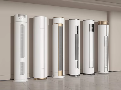Several Modern White Tower Air Conditioner Fans with Gold Accents in Minimalist Interior 3d model