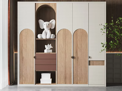 Modern Minimalist Wardrobe With Arched Doors Wooden Panels Shelves And Drawers 3d model