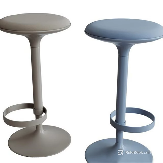 Two Modern Bar Stools Gray And Blue Round Seats With Metal Frames And Circular Footrests 3d model 