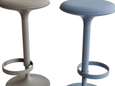 Two Modern Bar Stools Gray And Blue Round Seats With Metal Frames And Circular Footrests 3d model