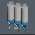Three Industrial Storage Tanks With White Blue Bodies And Yellow Connecting Pipelines