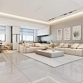 Modern Luxury Open Living Dining Room With Marble Sofa Dining Table TV Wall Pendant Lights