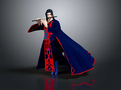 Man Wearing Elegant Traditional Blue Robe With Red Decorations Playing Flute 3d model