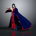 Man Wearing Elegant Traditional Blue Robe With Red Decorations Playing Flute